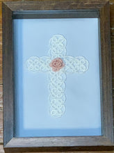 Load image into Gallery viewer, Shadow Box - Shuttle Tatted Detailed Cross with Rose Center
