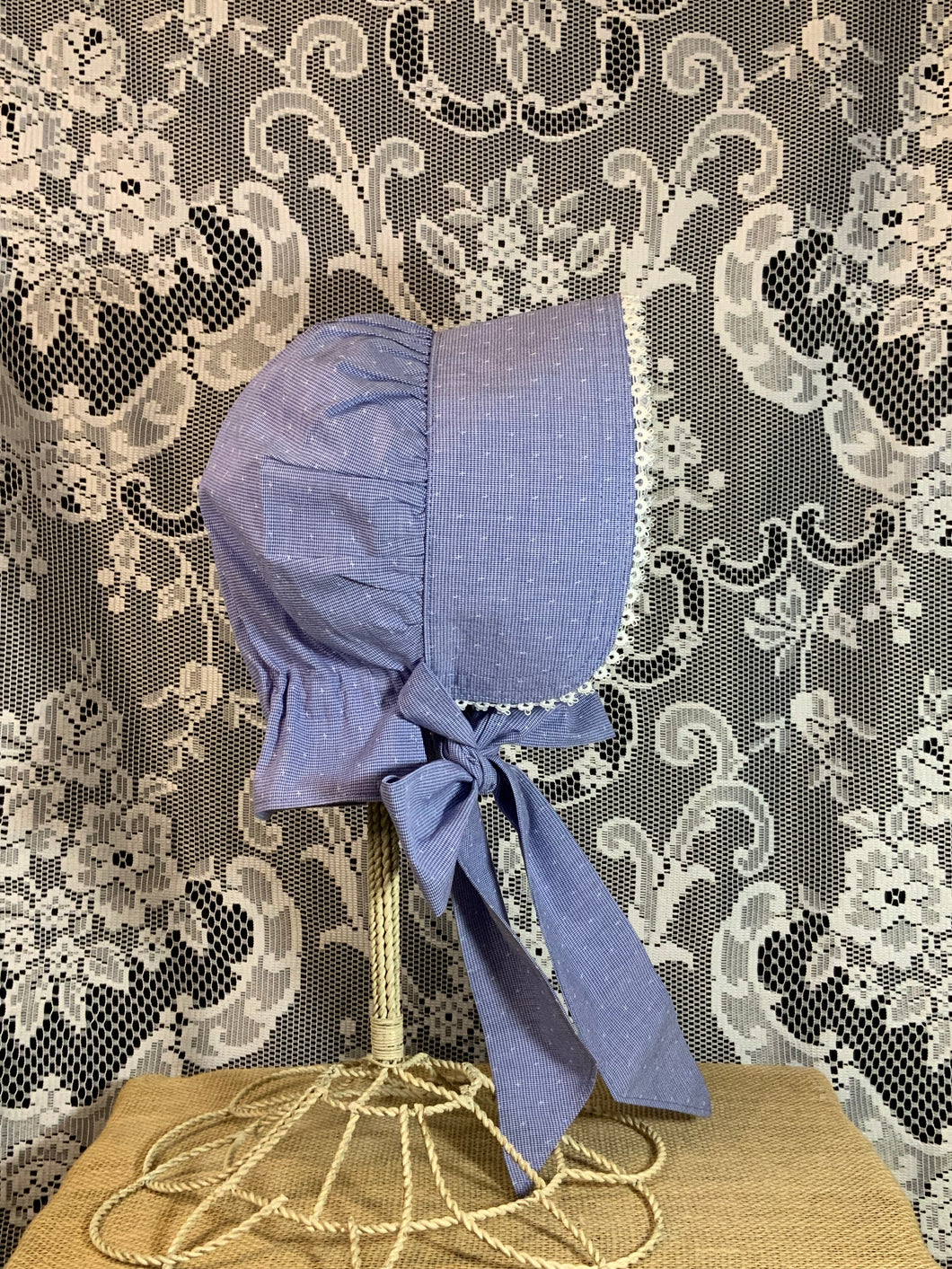 Blue Micro Gingham Prairie Bonnet, Shuttle Tatted Edging