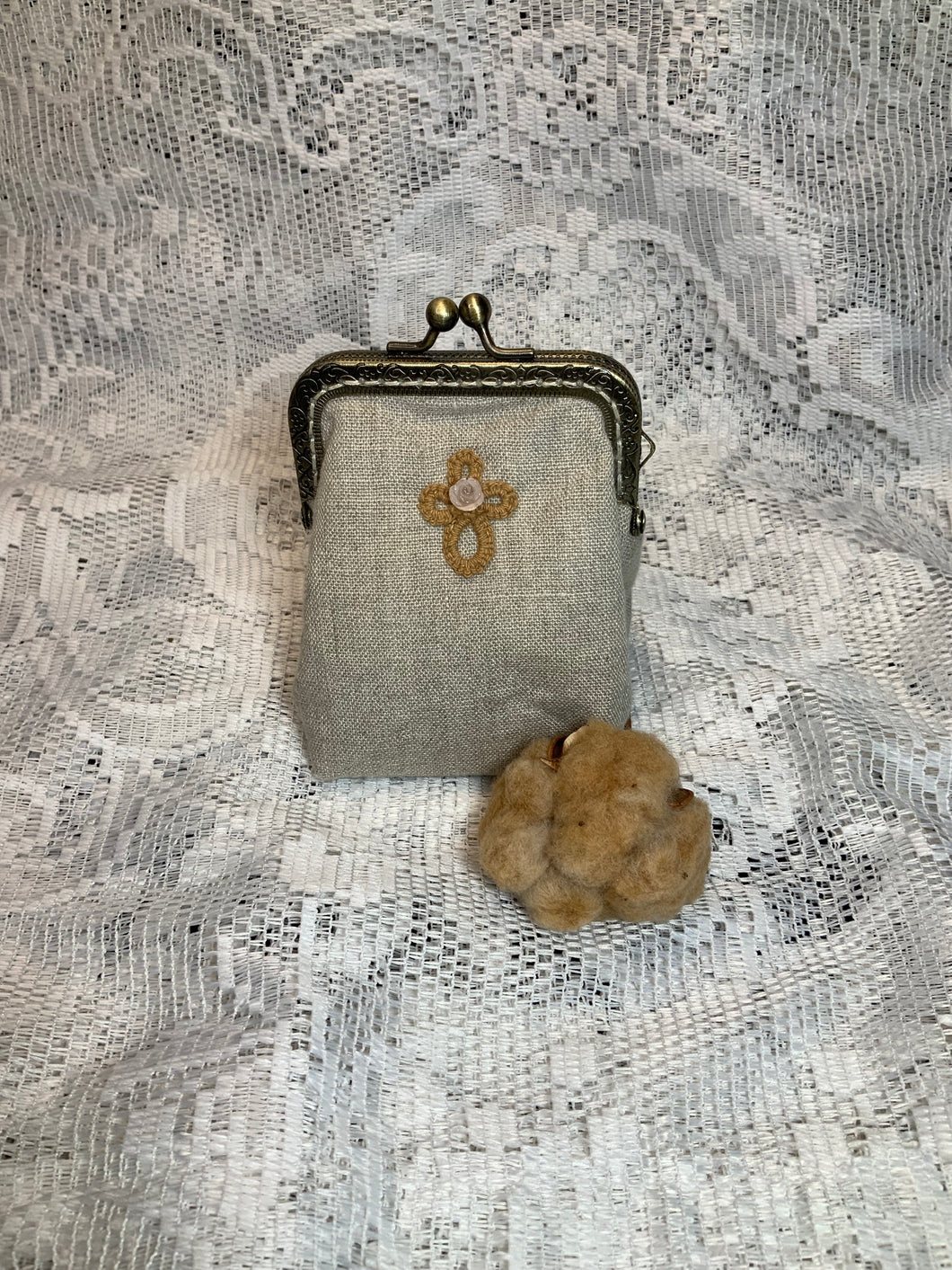 Acadian Brown Cotton Clasp Bag with Shuttle Tatted Cross