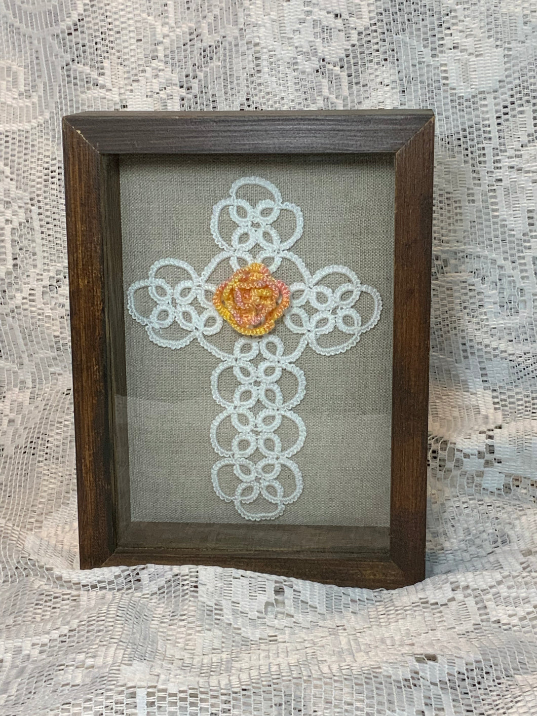Shadow Box - Shuttle Tatted Detailed Cross with Rose Center
