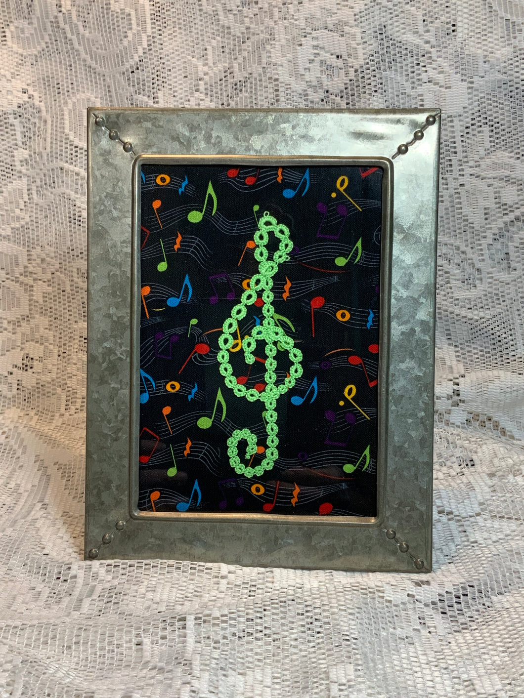 Shuttle Tatted Treble Clef with Sheet Music
