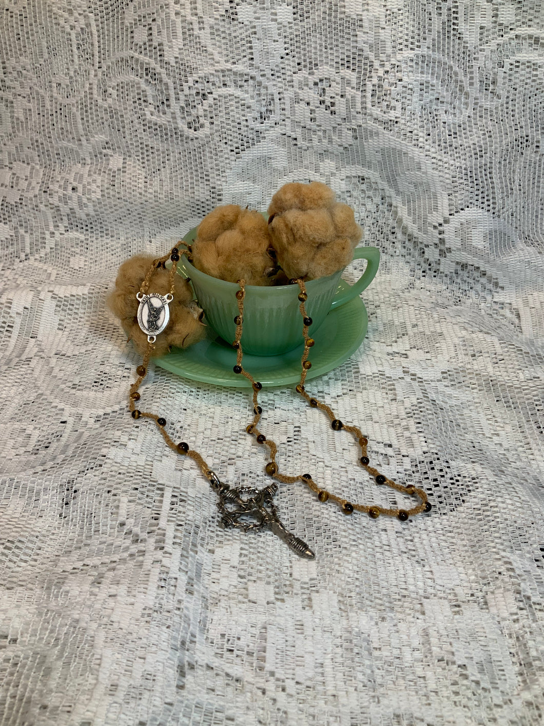 Acadian Brown Cotton Shuttle Tatted Rosary with  Tiger Eye Beads