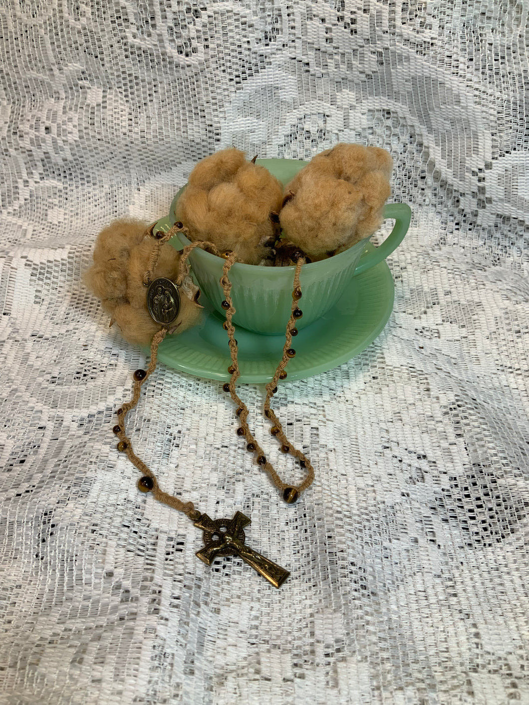 Acadian Brown Cotton Shuttle Tatted Rosary with  Tiger Eye Beads