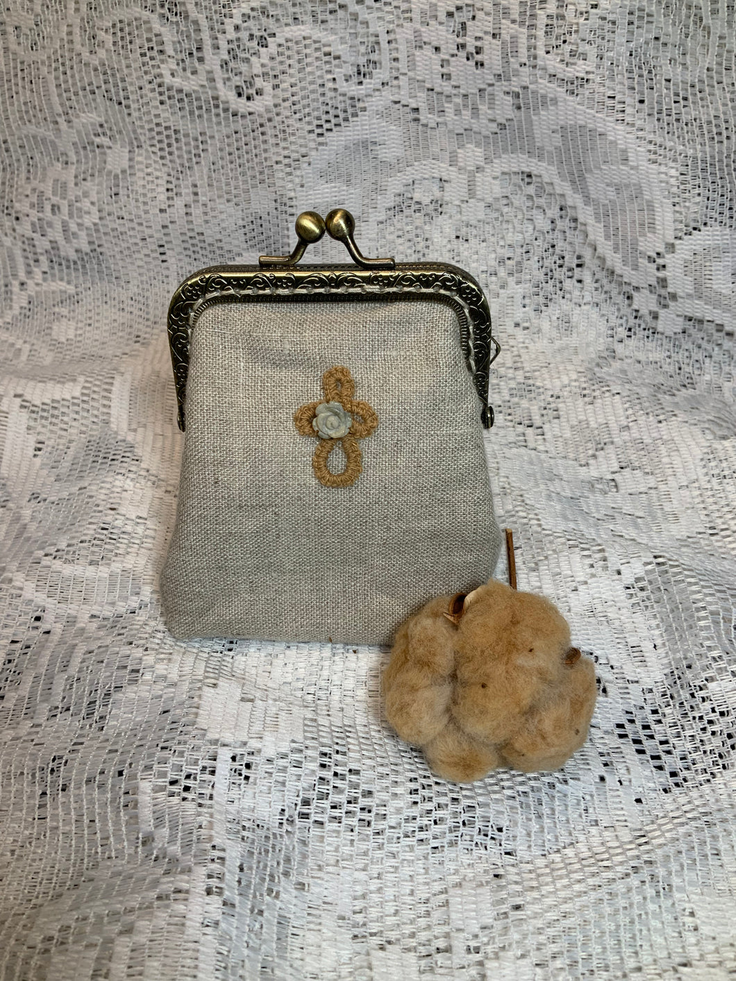 Acadian Brown Cotton Clasp Bag with Shuttle Tatted Cross