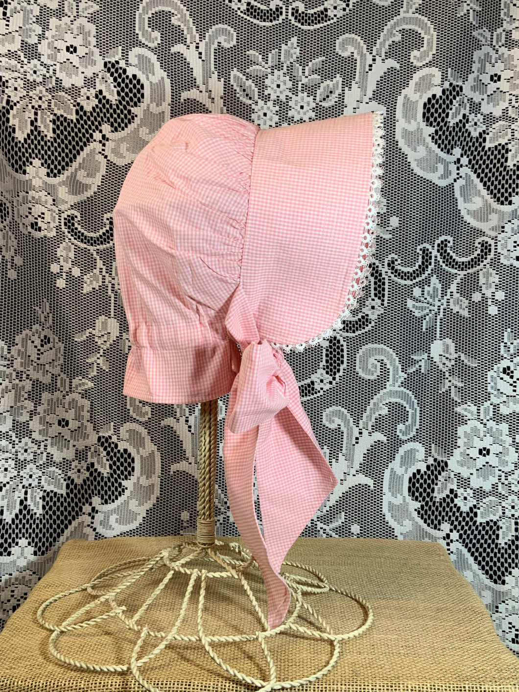 Pink & White Gingham Prairie Bonnet with Shuttle Tatted Edging
