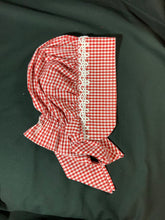 Load image into Gallery viewer, Bonnet - Red &amp; White Gingham Prairie Bonnet with Tatting

