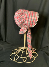 Load image into Gallery viewer, Prairie Bonnet, Red, White &amp; Black Stripe Fabric -Shuttle Tatted Edging or Plain
