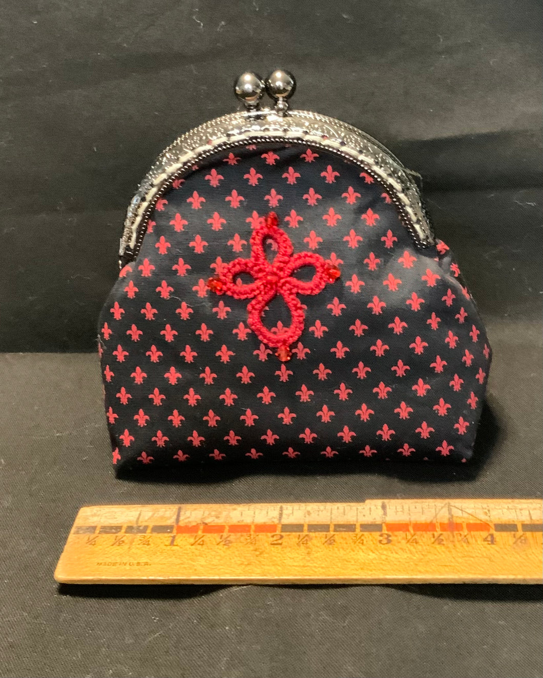 Fleur de Lis Clasp Bag with Shuttle Tatted Cross