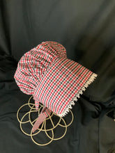 Load image into Gallery viewer, Prairie Bonnet, Red, White &amp; Black Stripe Fabric -Shuttle Tatted Edging or Plain
