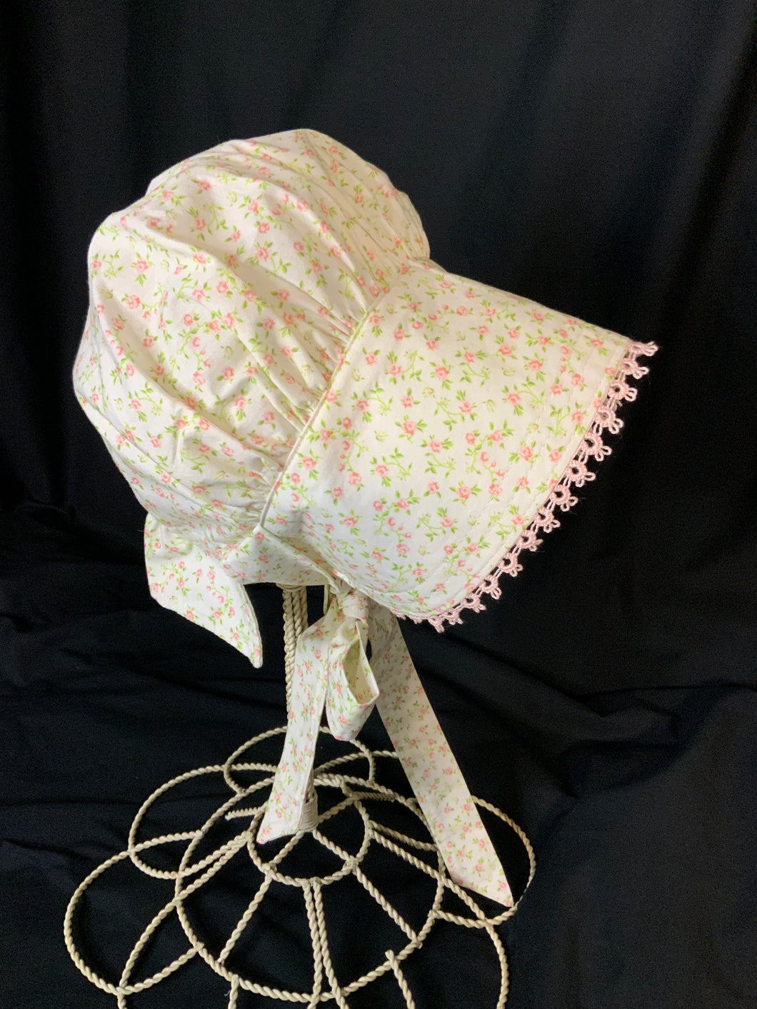 Prairie Bonnet, Vintage Rose Fabric -Shuttle Tatted Edging or Plain