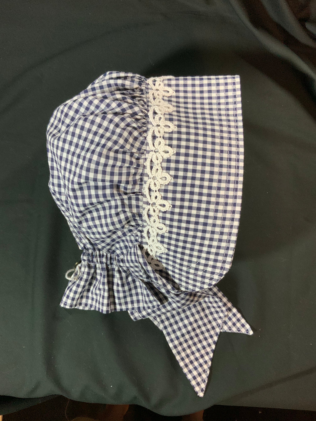Bonnet - Navy & White Gingham with Tatted Edging 1 - 2 years