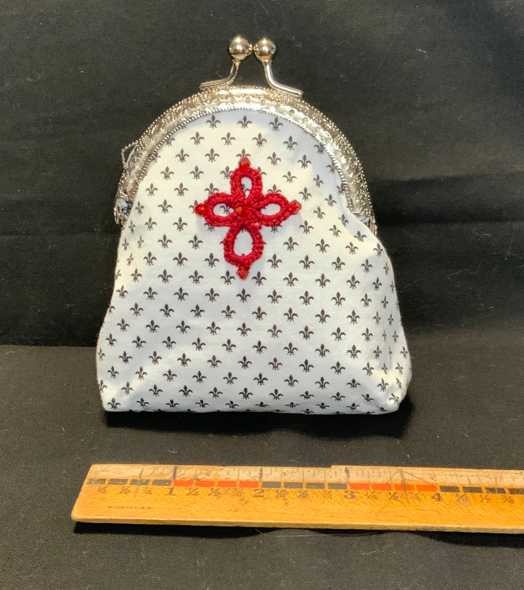 White Fleur de Lis Clasp Bag with Shuttle Tatted Cross