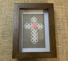 Load image into Gallery viewer, Shadow Box - Shuttle Tatted Detailed Cross with Rose Center
