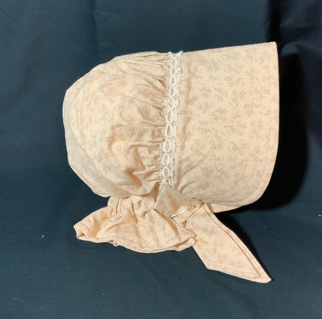 Bonnet - Beige Calico Prairie Bonnet with Tatted Edging, 3 - 12 mth