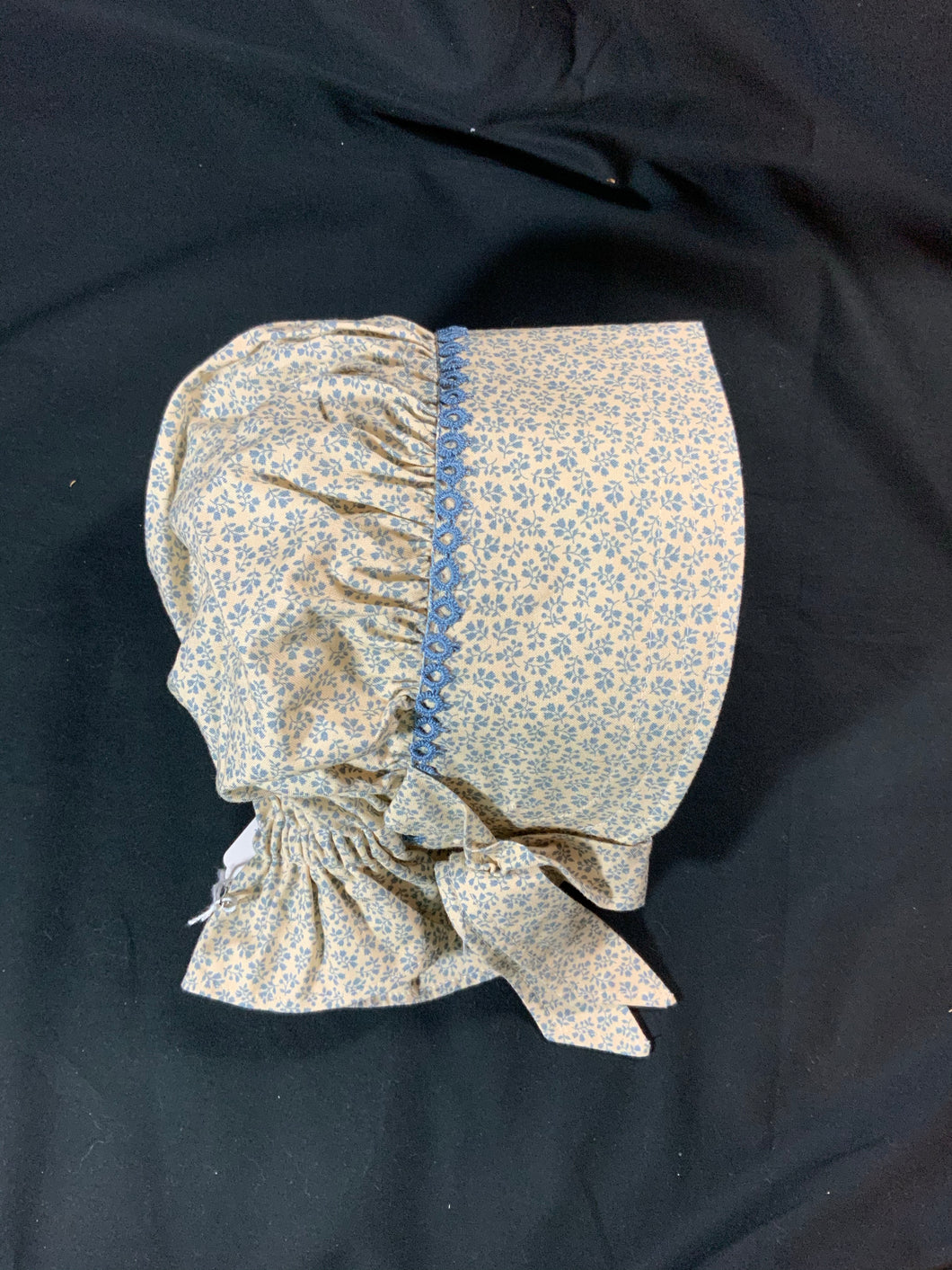 Bonnet- Beige & Periwinkle Calico with Tatted Edging, 1 - 2 yr