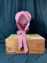 Load image into Gallery viewer, Bonnet - Red &amp; White Gingham Prairie Bonnet with Tatting
