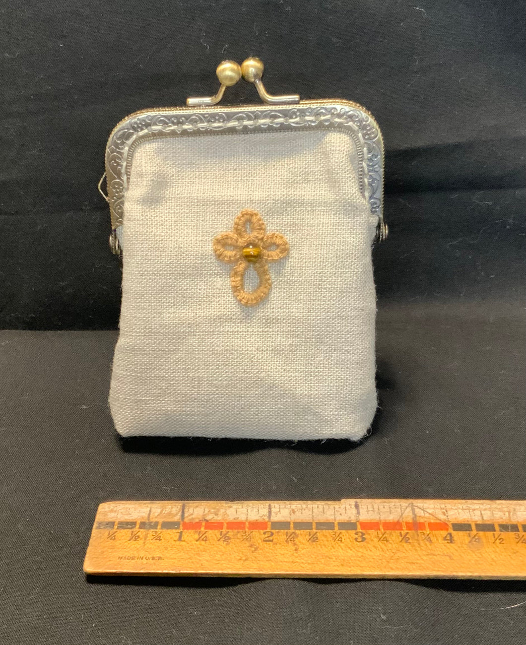 Acadian Brown Cotton Clasp Bag with Shuttle Tatted Cross